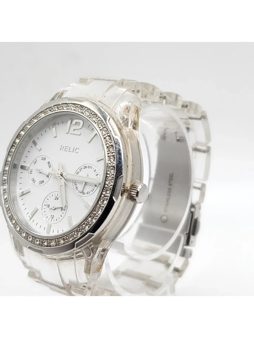 Relic Watch Women Silver Tone Multi Dial Pave Bezel Clear Band New Battery 37mm